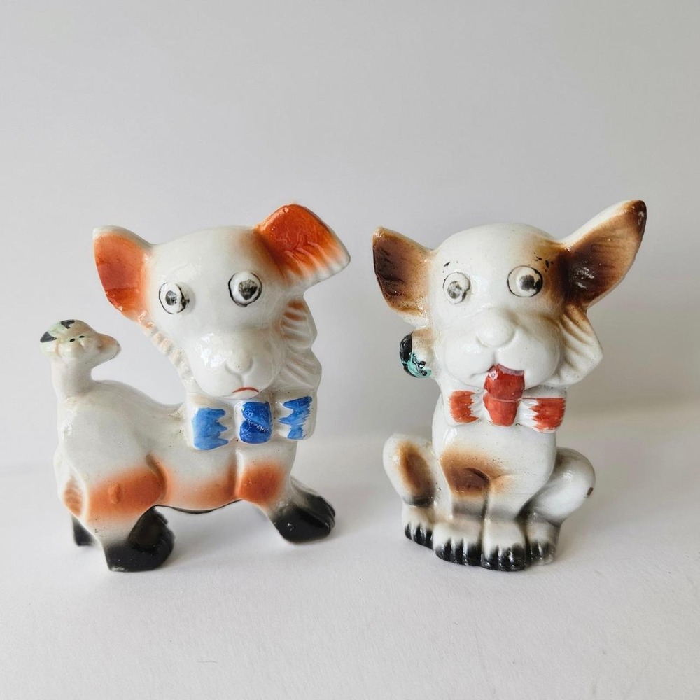 Vtg Made in Japan Kitsch Dogs with Bow Ties Porcelain Figures Google Eyes